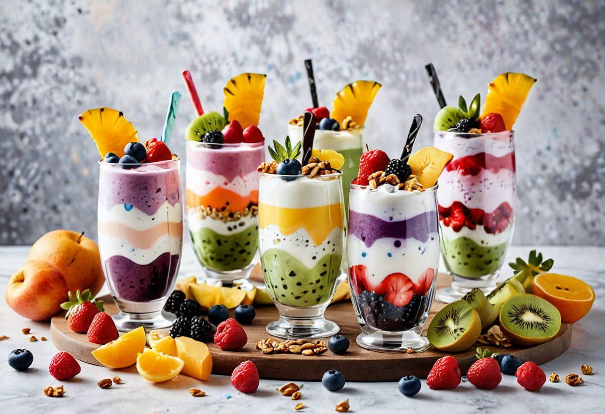 A whimsical kitchen scene featuring a variety of vibrant yogurt creations, including yogurt parfaits topped with fresh fruits and nuts, smoothie bowls with colorful toppings, and yogurt-based desserts like parfaits and popsicles. The atmosphere should radiate joy, with playful utensils and a splash of splattered fruits, inviting the viewer to indulge in fresh and creative snacks. Warm, bright lighting to enhance the cheerful vibe. super-realistic. vibrant colors. white background.