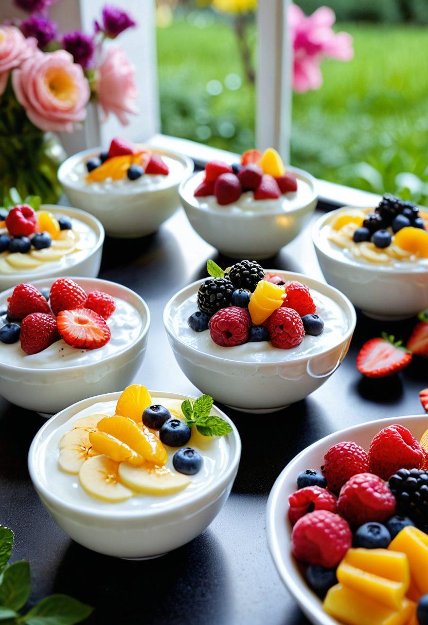 A vibrant and colorful display of gourmet yogurt treats in elegant bowls, adorned with a variety of fresh fruits, honey drizzling, and elegant garnishes. The background features a whimsical garden setting filled with flowers and sunlight, inviting a sense of joy and indulgence. Soft, playful lighting enhances the delightful atmosphere. A close-up perspective to capture the textures and richness of the yogurt. super-realistic. vibrant colors. cheerful mood.