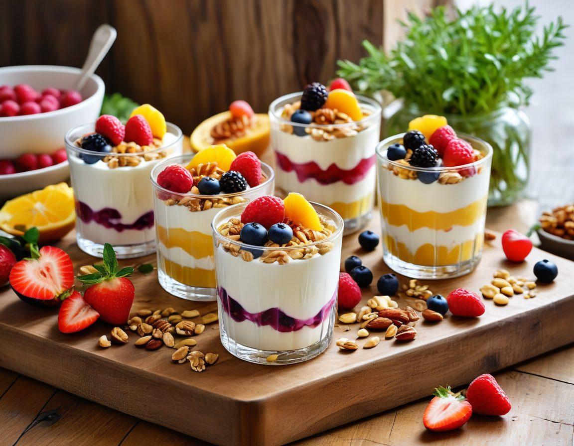 A vibrant array of gourmet yogurt treats artfully displayed on a rustic wooden table, showcasing colorful layers of fresh fruits, nut toppings, and drizzles of honey. In the background, a sunny kitchen with potted herbs and light streaming in to emphasize freshness. The scene conveys indulgence and healthiness through soft natural lighting and inviting textures. super-realistic. vibrant colors. white background.